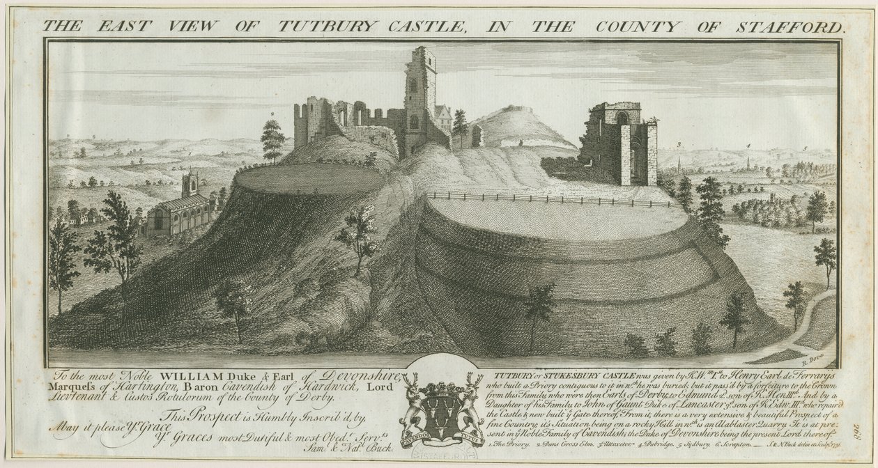 Tutbury Castle - East View: gravyr av Samuel Buck