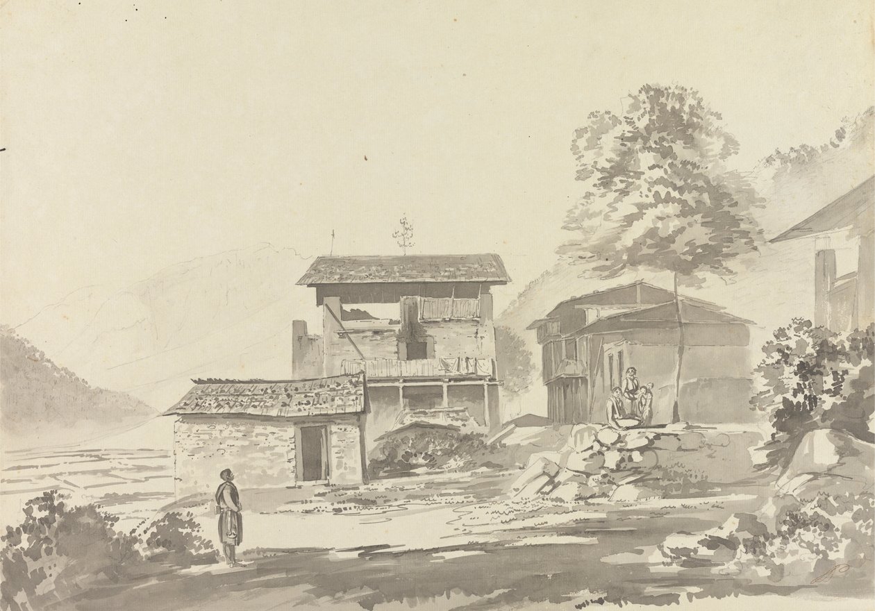 I byn nära Tassisudon [Tashicho Dzong] av Samuel Davis