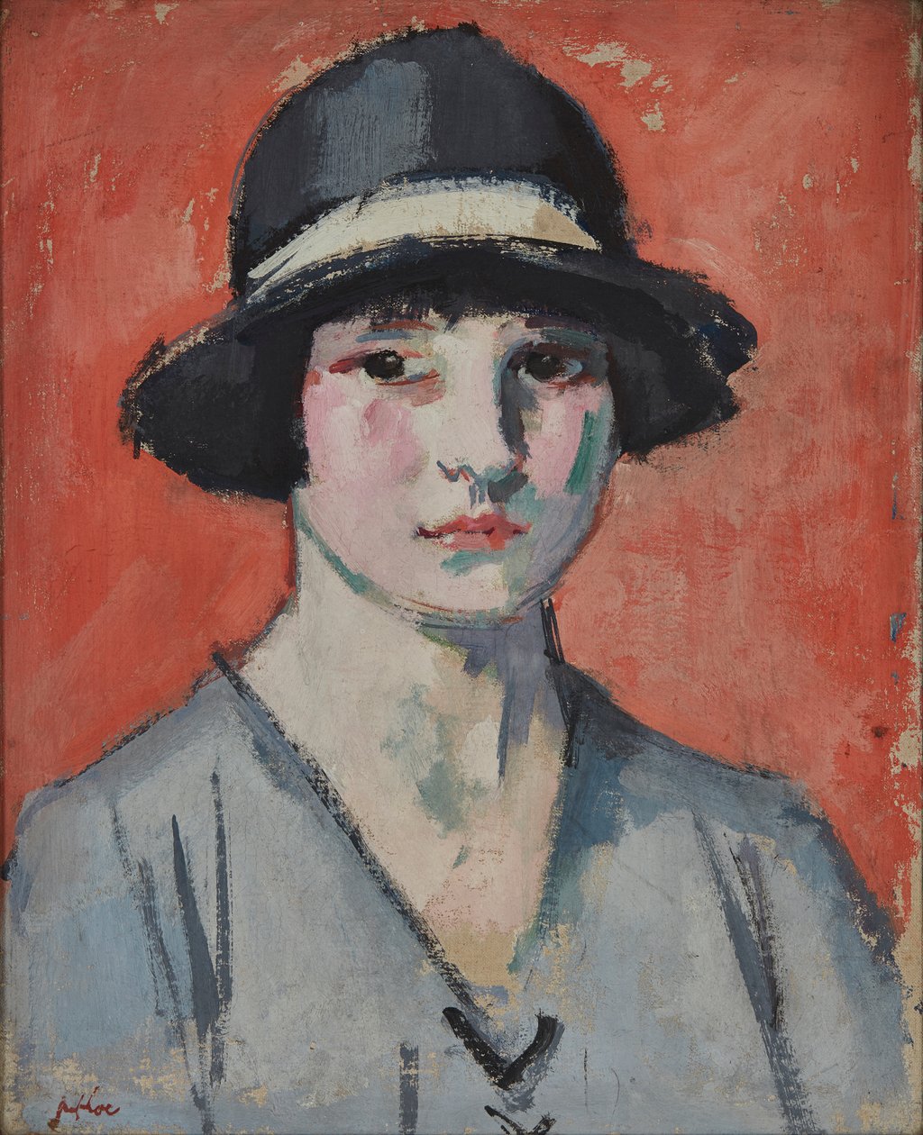 Den svarta hatten (olja på duk) av Samuel John Peploe