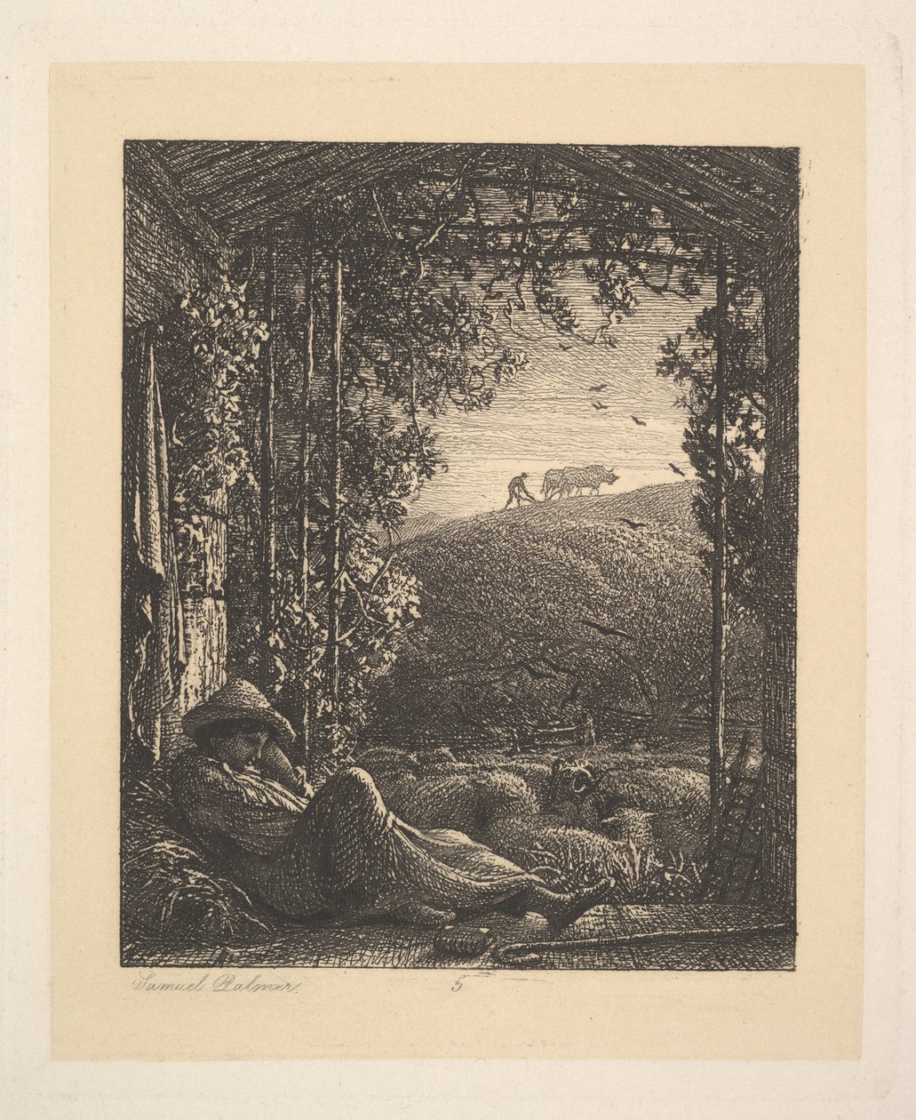 Den sovande herden, tidig morgon, 1857. av Samuel Palmer