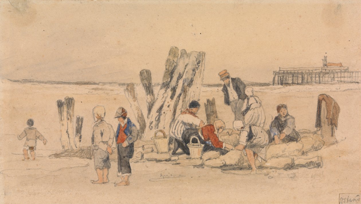 Fiskare på stranden, Oostende av Samuel Prout