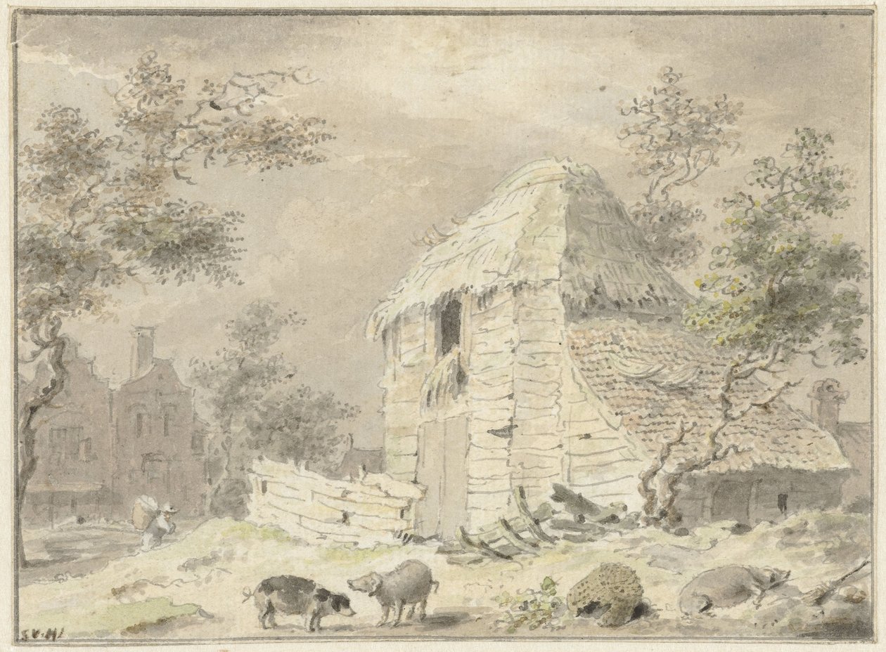 Gårdsladugård med några grisar av Samuel van Huls (possibly)