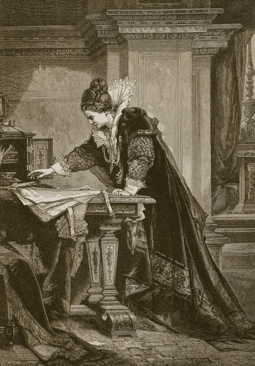 Drottning Elizabeth undertecknar dödsordern för Mary Queen of Scots, graverad av C. Butterworth. av Sandor Liezen Meyer