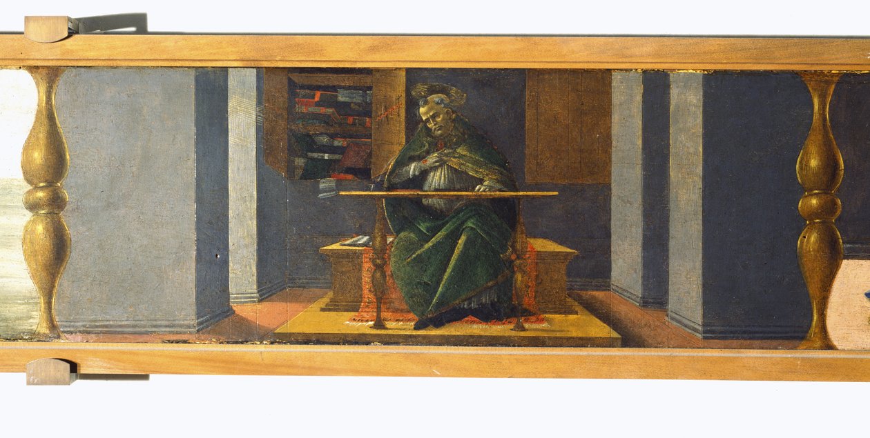 Den helige Augustinus i sitt arbetsrum, predellapanel från Markusaltaruppsatsen, ca 1488-90 (tempera på panel) (se 44363) av Sandro Botticelli