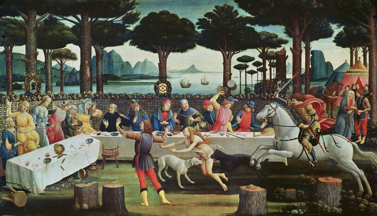 Banketten i tallskogen: Scen III av The Story of Nastagio degli Onesti, ca 1483 (tempera på panel) av Sandro Botticelli