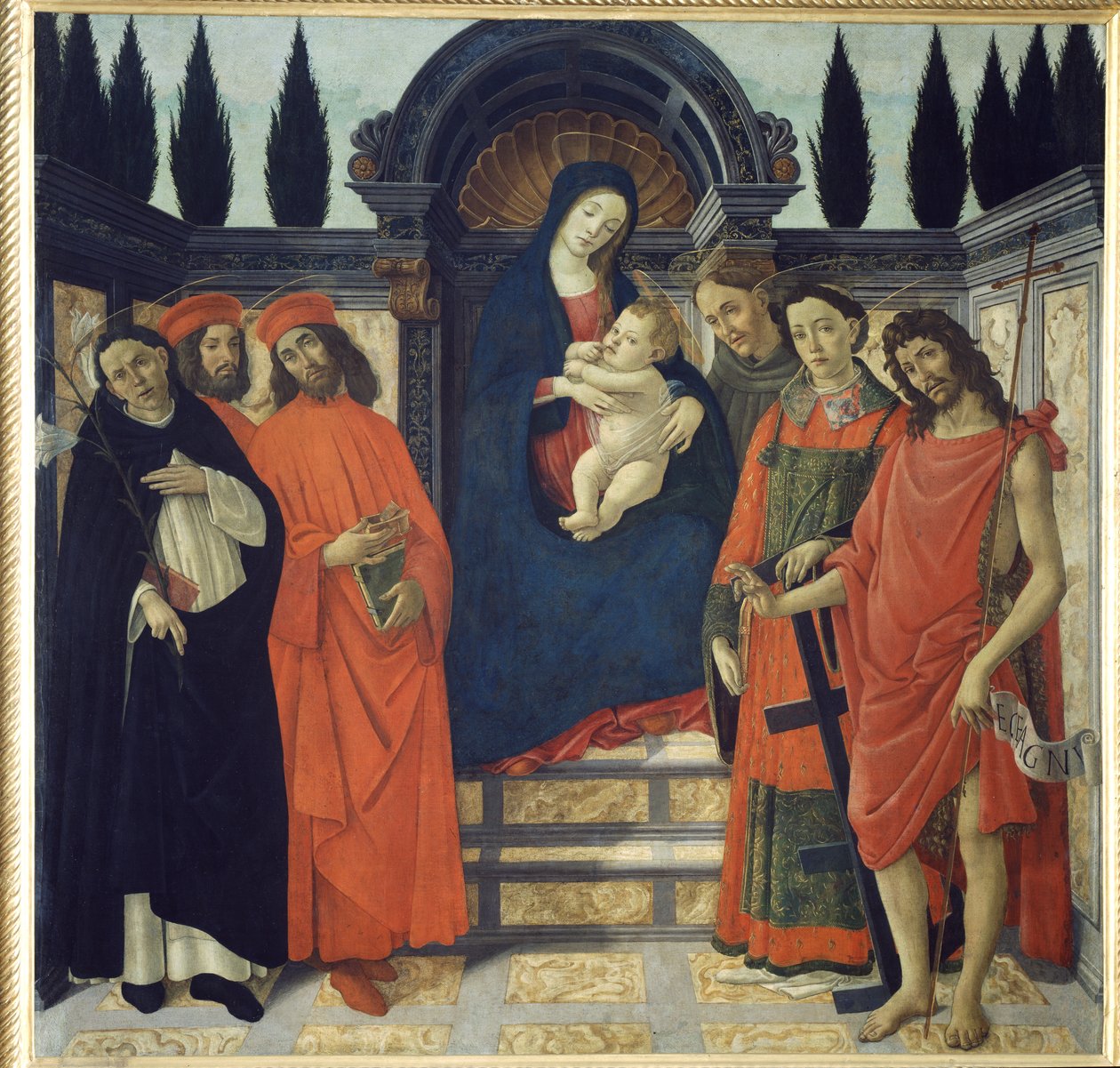 Jungfrun och barnet med St. Johannes Döparen, St. Damian och St. Cosmo av Sandro Botticelli