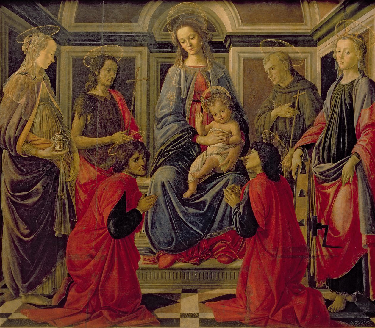 Jungfru och barn med SS. Mary Magdalena, Johannes Döparen, Cosmo, Damian, Francis och Catherine, ca 1470-72 (tempera på panel) av Sandro Botticelli