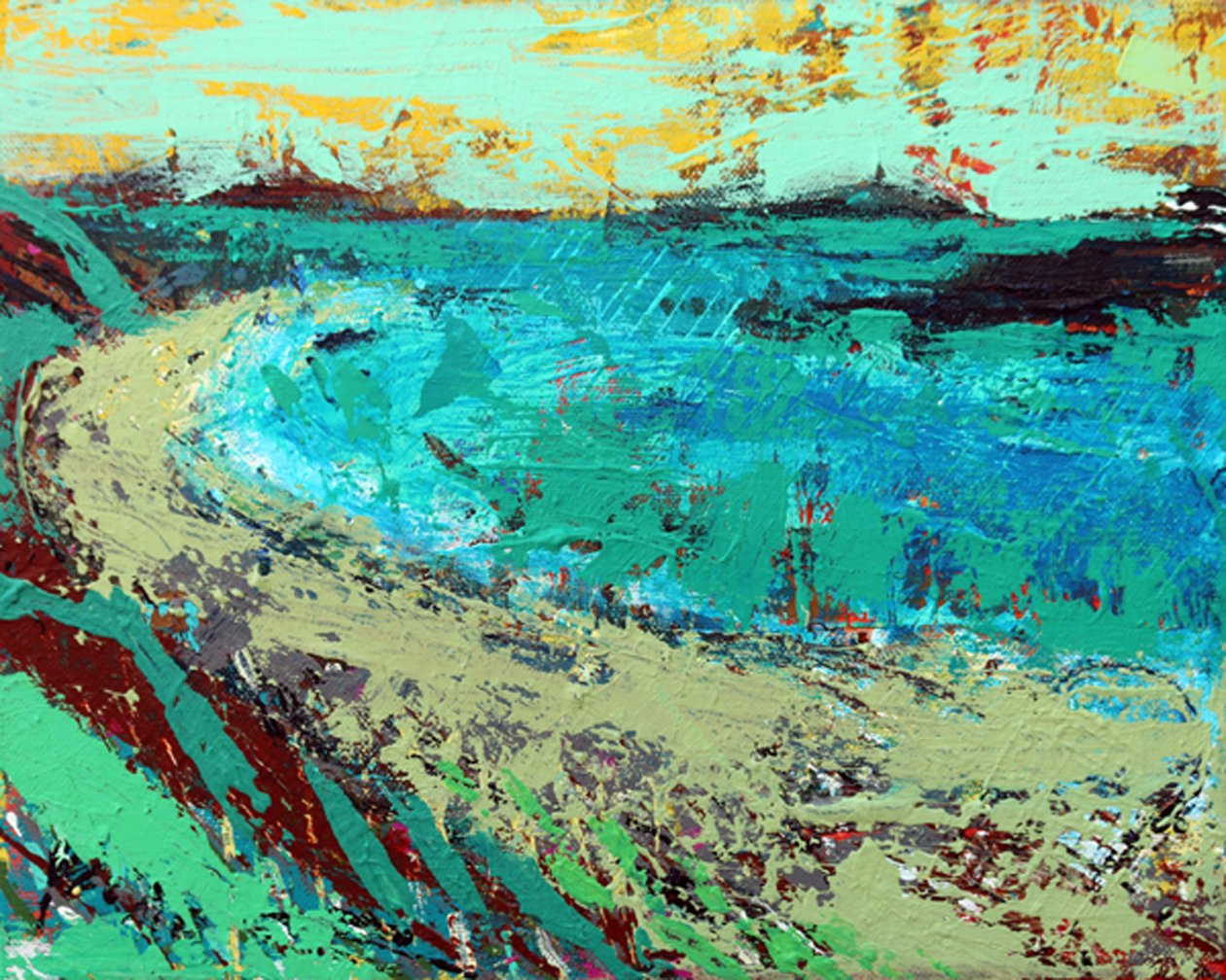 Beyond the machair (akryl på duk) av Sara Hayward