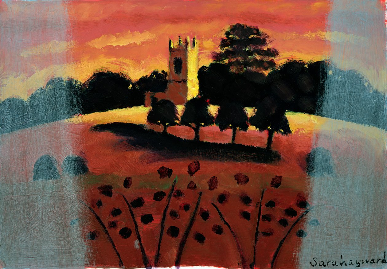 Church on the Severn (olja på kort) av Sara Hayward