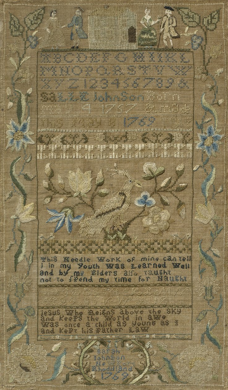Provtagare, 1769 (silke på linne) av Sarah Johnson