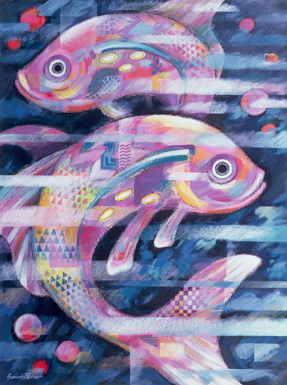 Fishstream (akryl och oljepastell på papper) av Sarah Porter