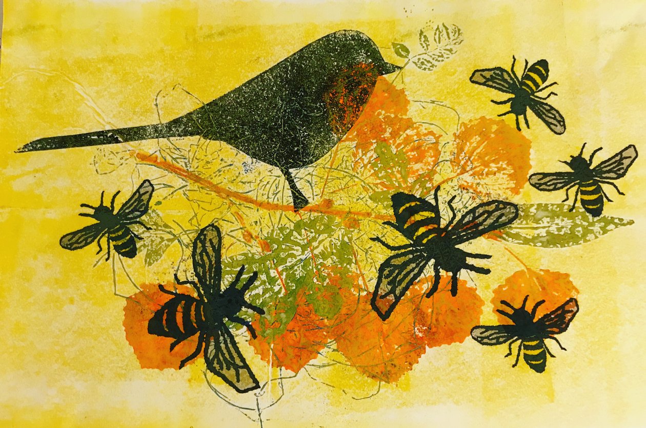 Fåglar och bin (monoprint på papper) av Sarah Thompson Engels
