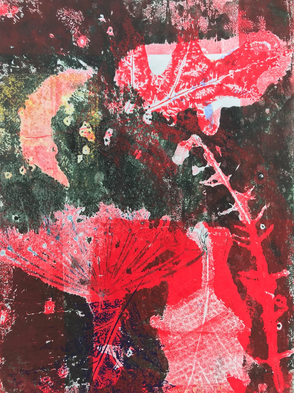 Rød måne (monoprint på papir) swed av Sarah Thompson Engels