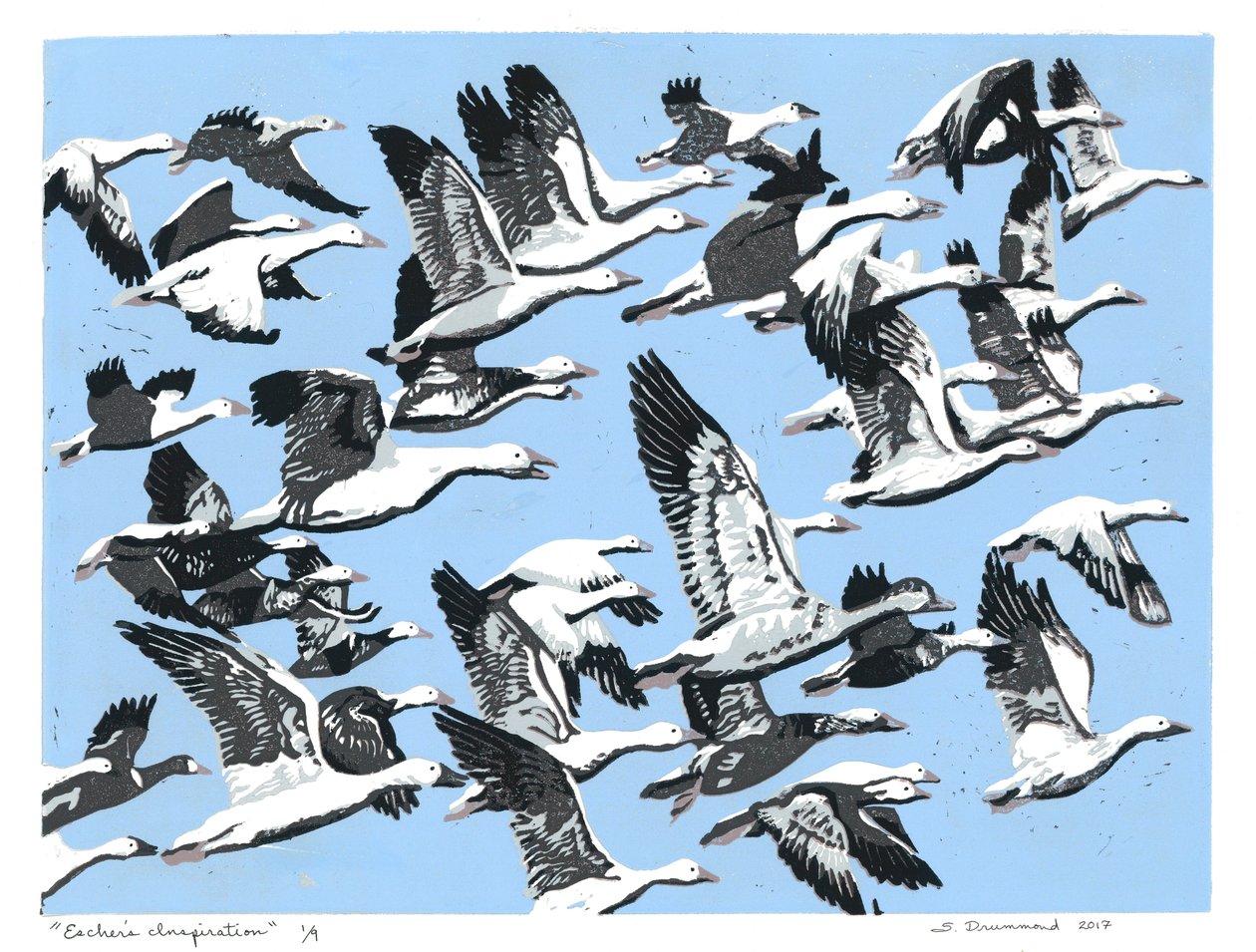 Eschers inspiration, 2017 (linoleumsnitt) av Sarah Drummond