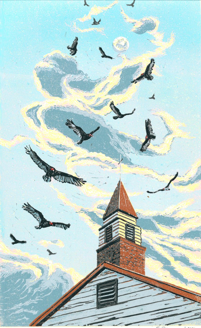 Budbärare, 2024 (Linocut) av Sarah Drummond
