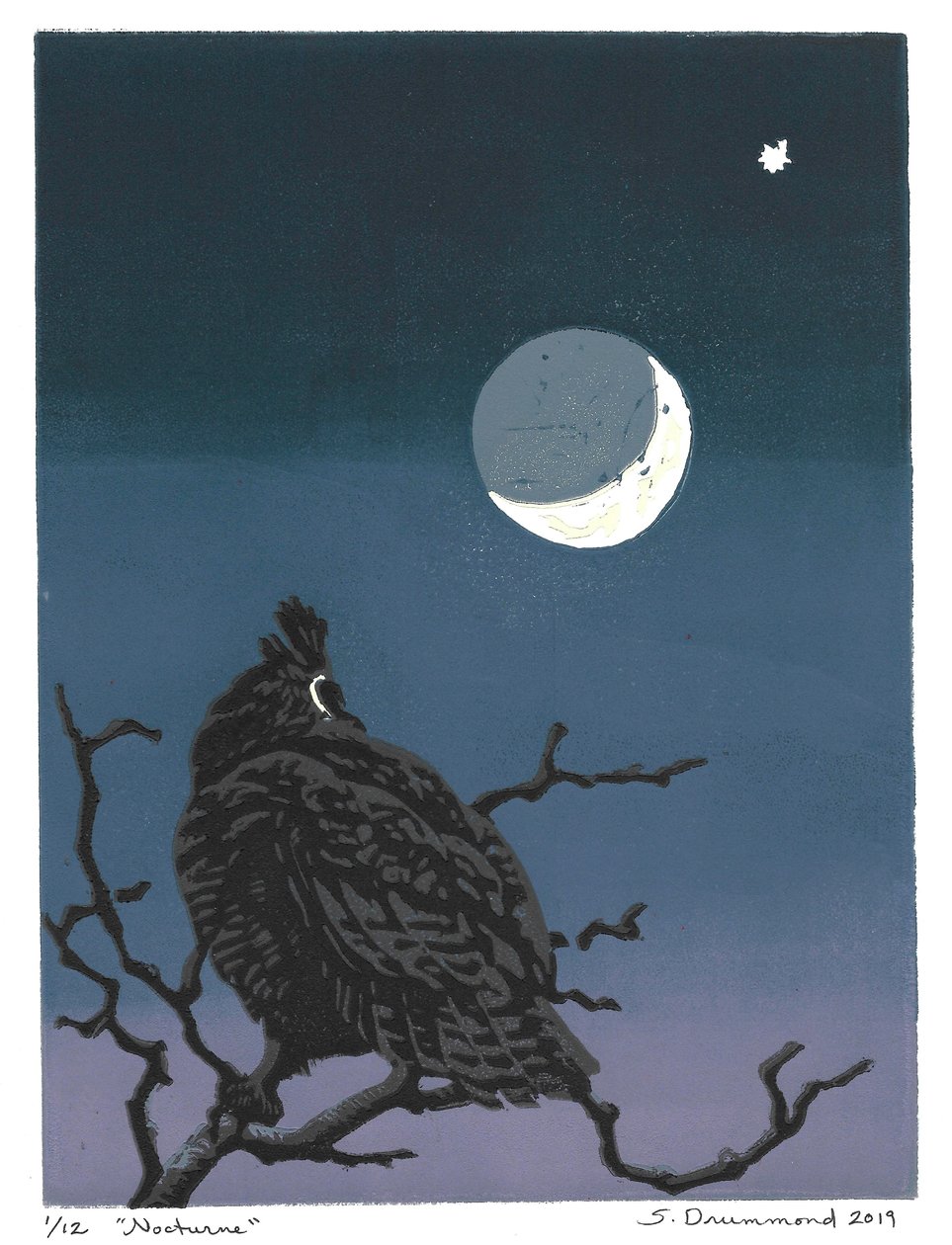 Nocturne, 2019 (Linoleumsnitt) av Sarah Drummond