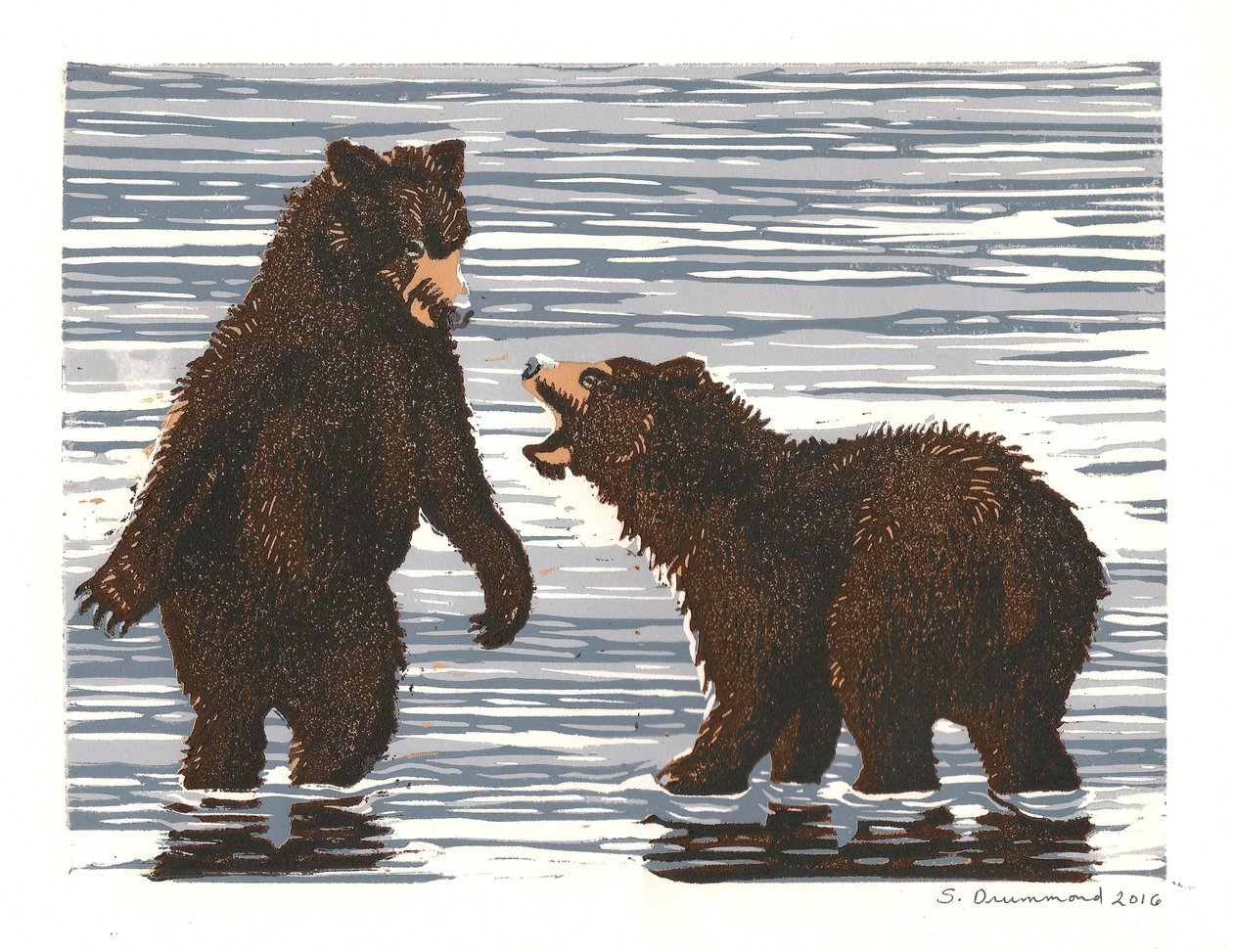 Salmon Stream Frolics, 2016 (Linoleumsnitt) av Sarah Drummond