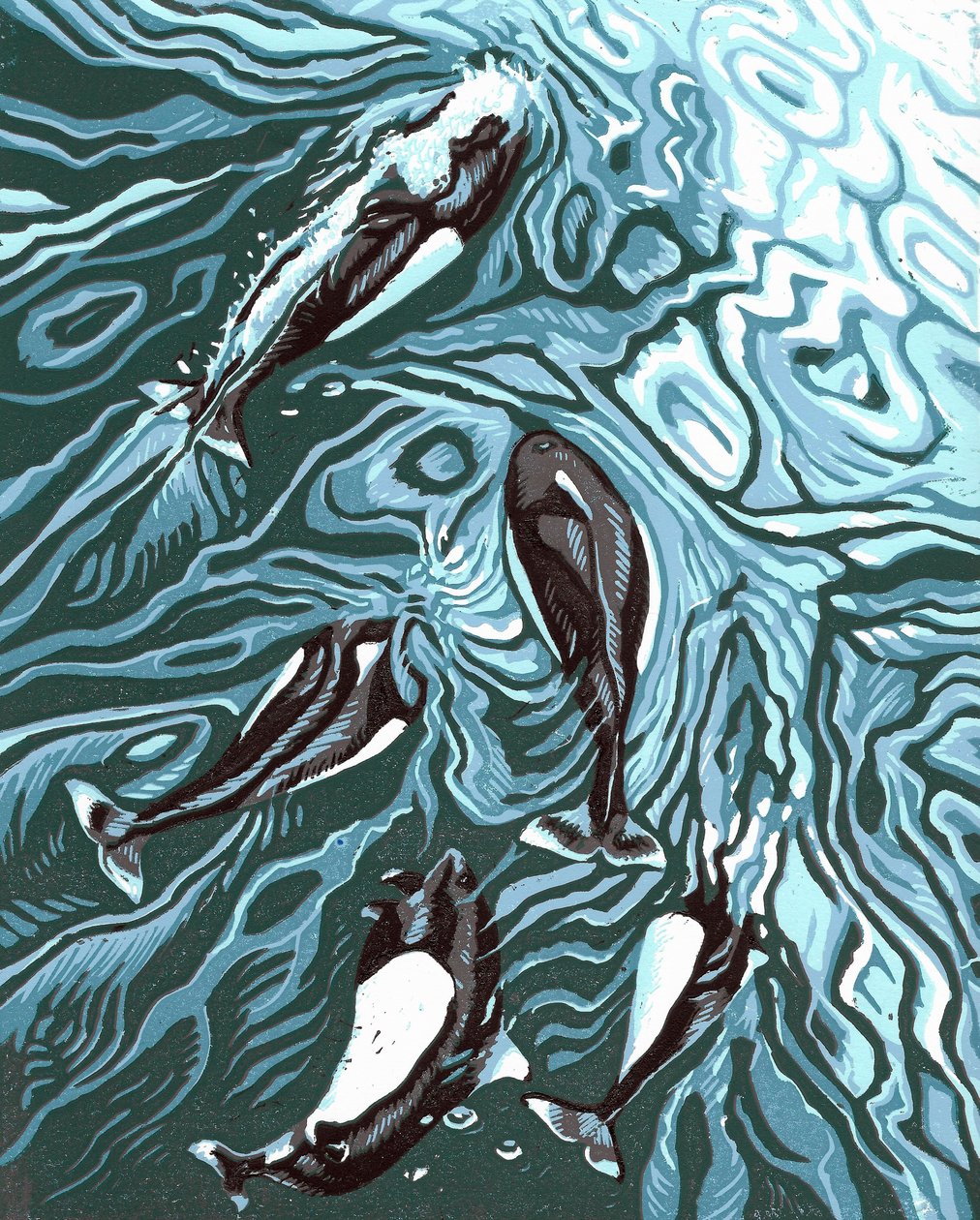 Wake Riders, 2016 (Linoleumsnitt) av Sarah Drummond