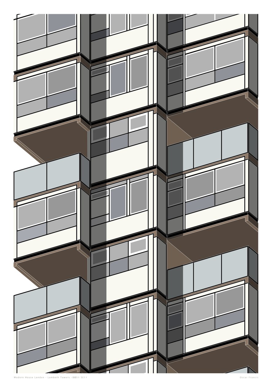 Lambeth Towers_Sepia, 2015 (grafiskt giclee-tryck) av Sarah Evans