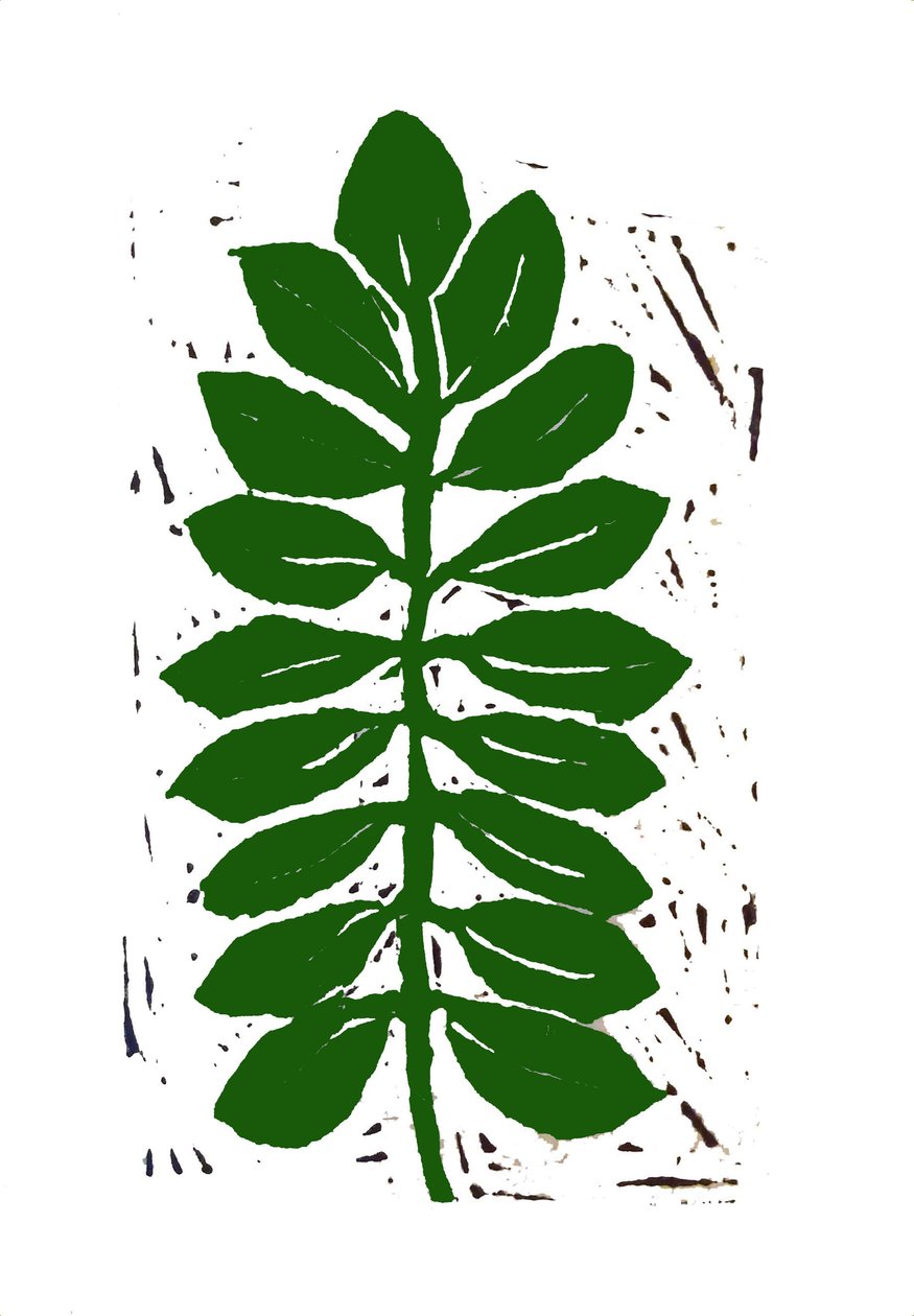 Leaf, 2019 (linosnitt) av Sarah Thompson Engels