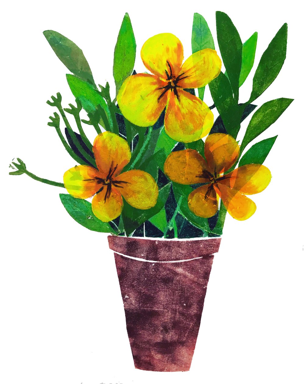 Gul växtkruka, 2019, (monoprint) av Sarah Thompson Engels
