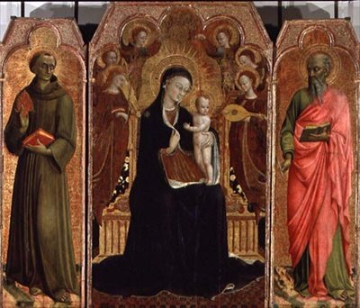 Madonna and Child Enthroned with Six Angels, SS. Anthony av Padua och Johannes evangelisten, 1437-44 (se 95744 för predella) av Sassetta c.1392 1450 Sassetta c.1392 1450
