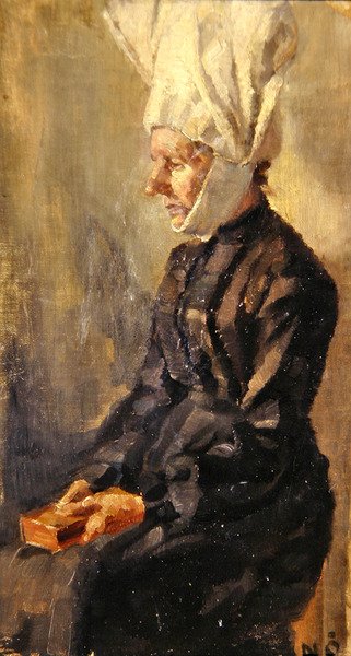 Lady at her Devotions (olja på duk) av Scandinavian School