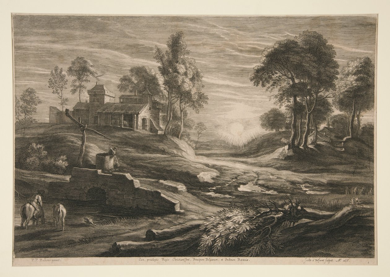 Gård och bäck vid solnedgången av Schelte Adams Bolswert