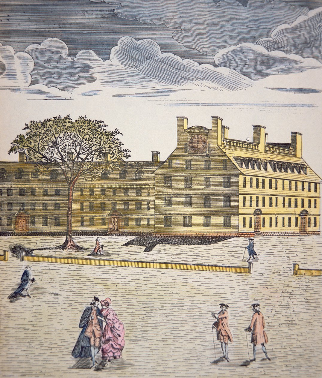 Harvard College, Cambridge, Massachusetts c.1740 (lito i färg) av School American
