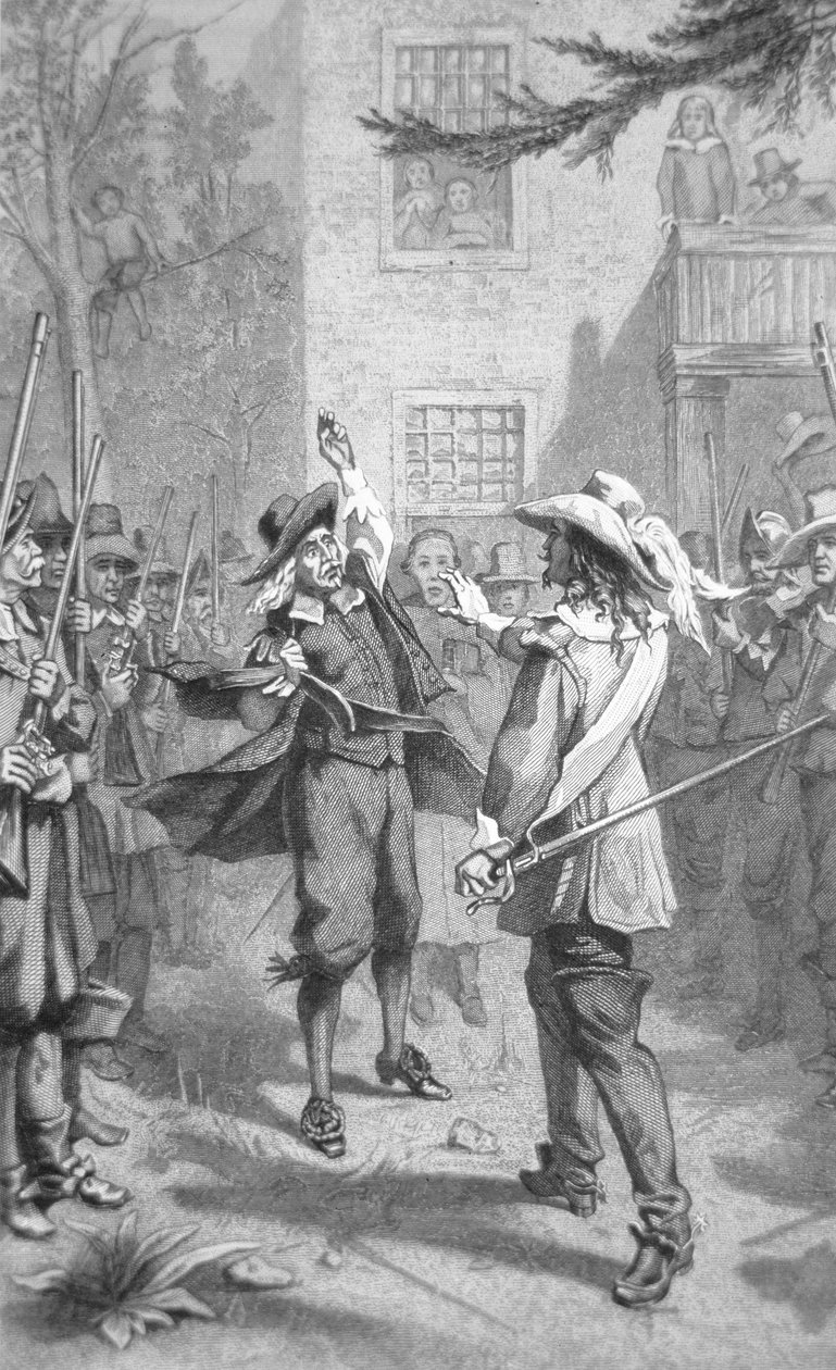 Nathaniel Bacon konfronterar Sir William Berkeley (gravyr) av School American