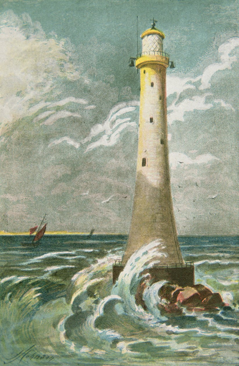 Eddystone Lighthouse utanför Plymouth (färg litho) av School English