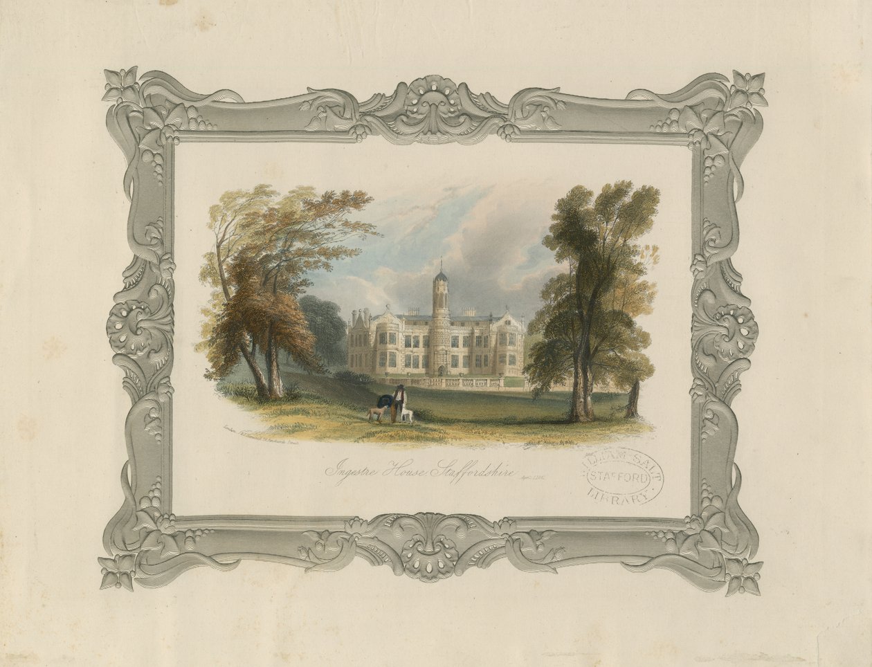Ingestre Hall: stålgravyr (handfärgad) av School English