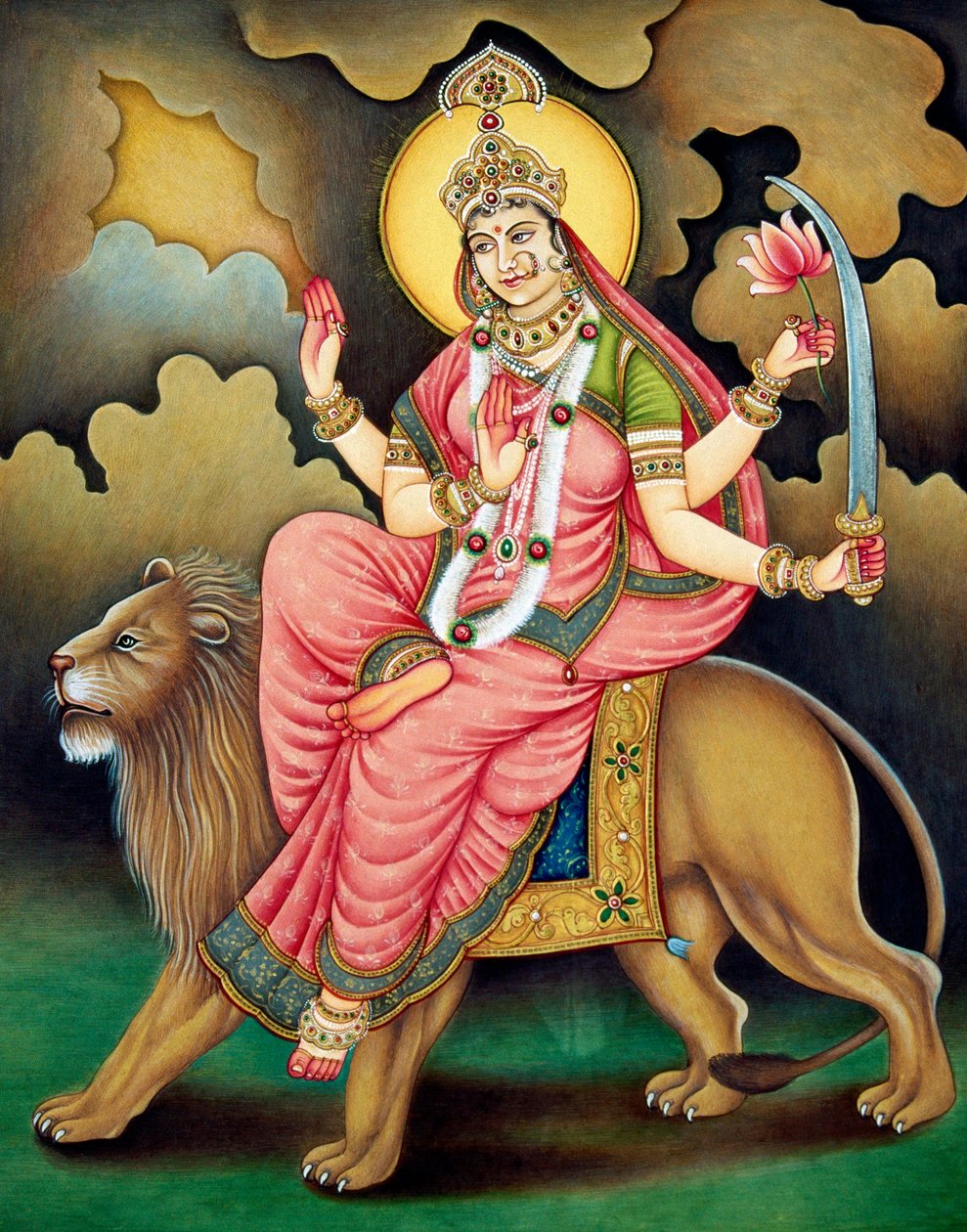 Gudinnan Durga Miniatyrmålning på papper av School Indian