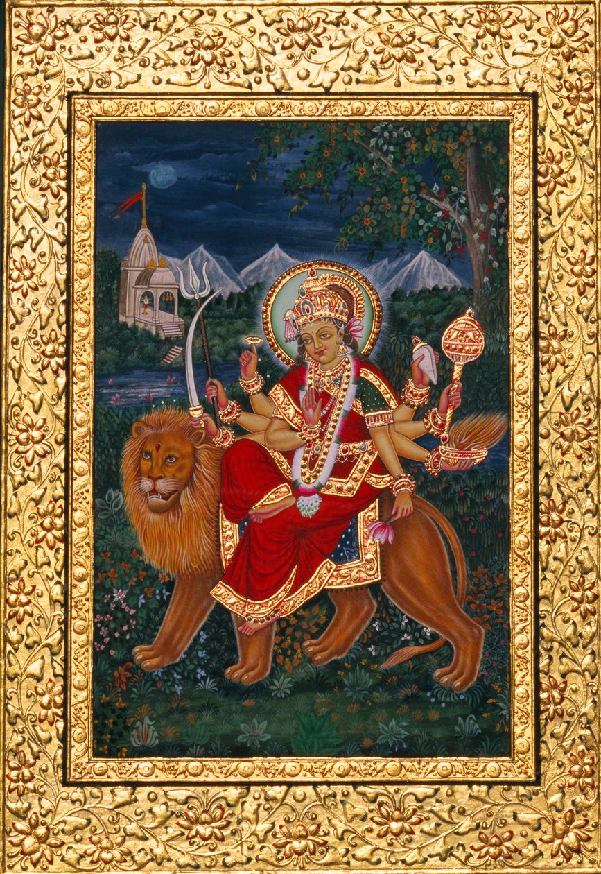 Gudinnan Durga miniatyrmålning med gyllene ram av School Indian