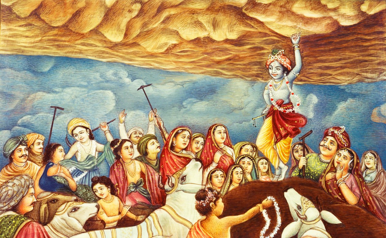 Lord Krishna lyfter berg miniatyrmålning av School Indian