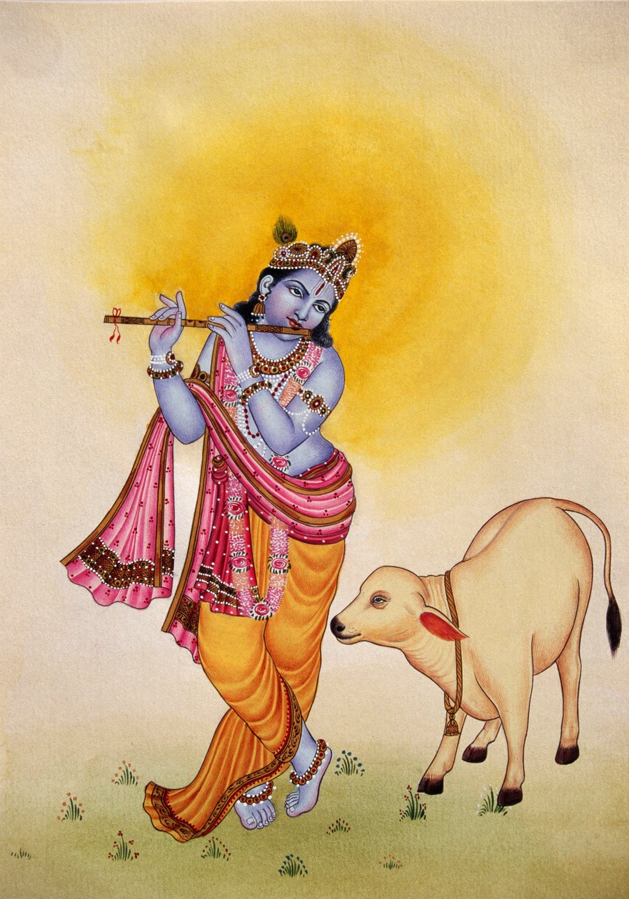 Lord Krishna Miniatyrmålning på papper av School Indian