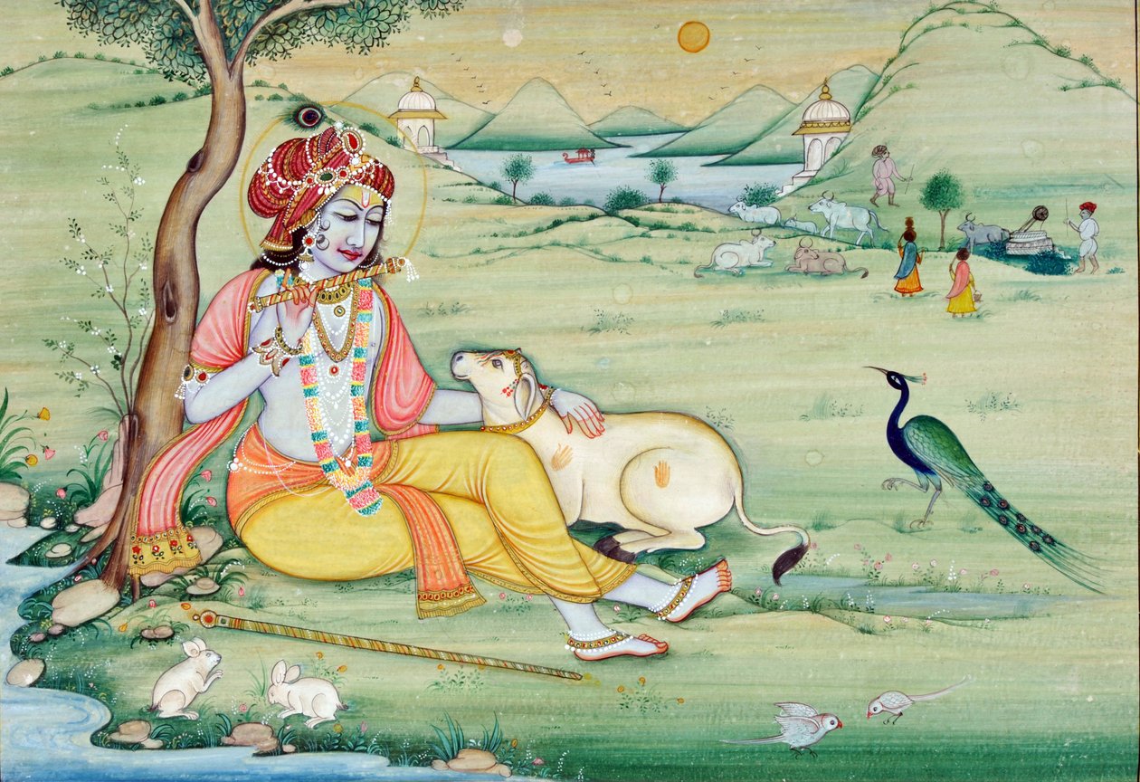Miniatyrmålning av Krishna som spelar flöjt av School Indian
