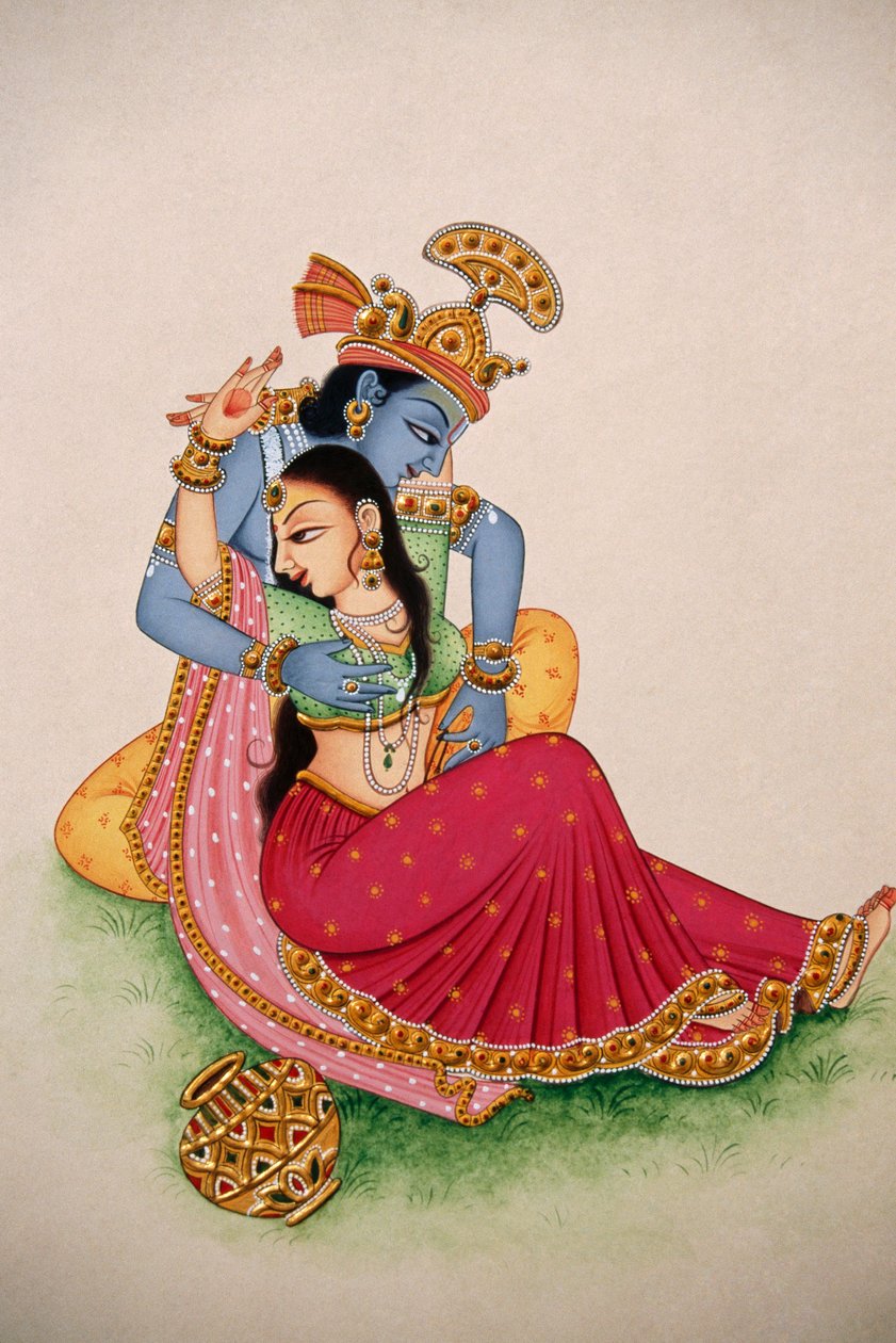 Miniatyrmålning på papper Radha Krishna av School Indian