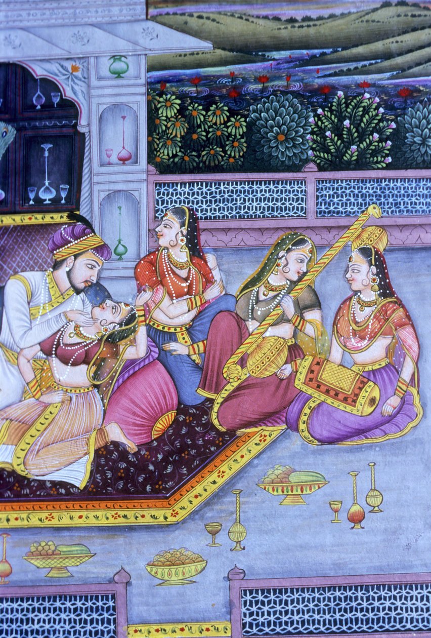 Mughal miniatyrmålning på papper, kärleksscen av School Indian