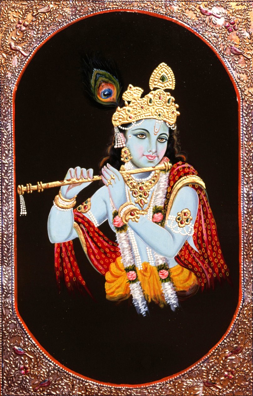 Målning av guden Krishna, Indien av School Indian