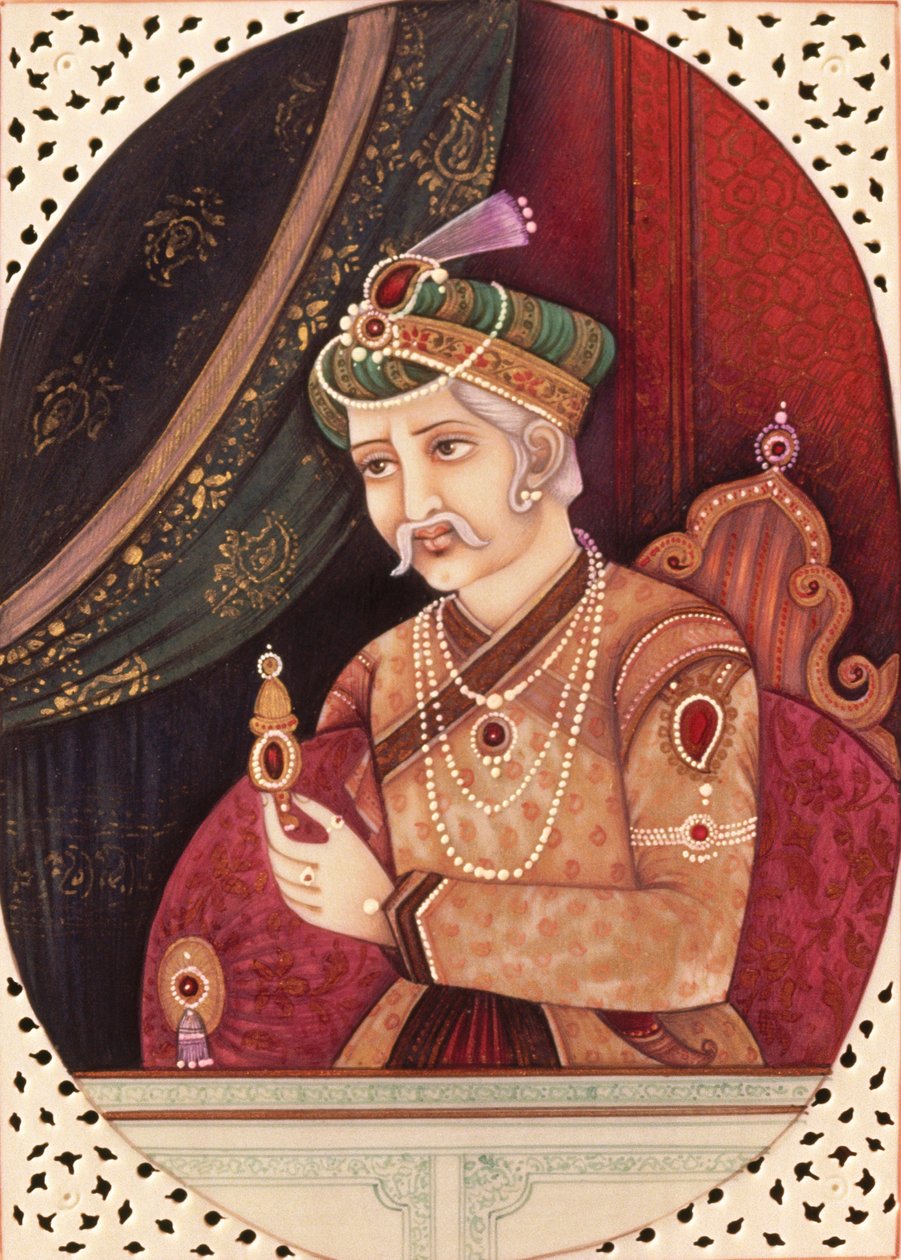 Målning av mogulkejsaren Akbar 1956 av School Indian