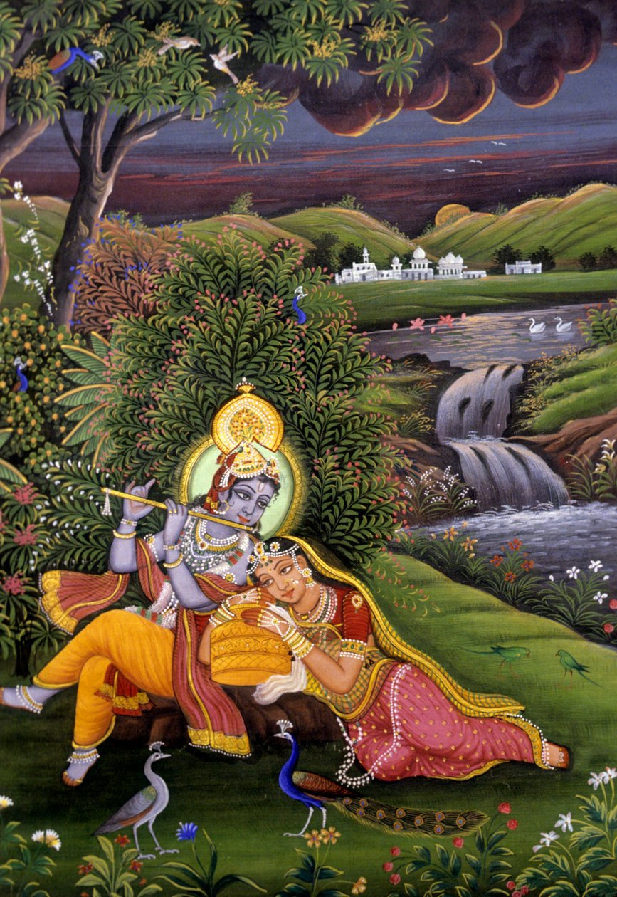 Radha Krishna miniatyrmålning av School Indian