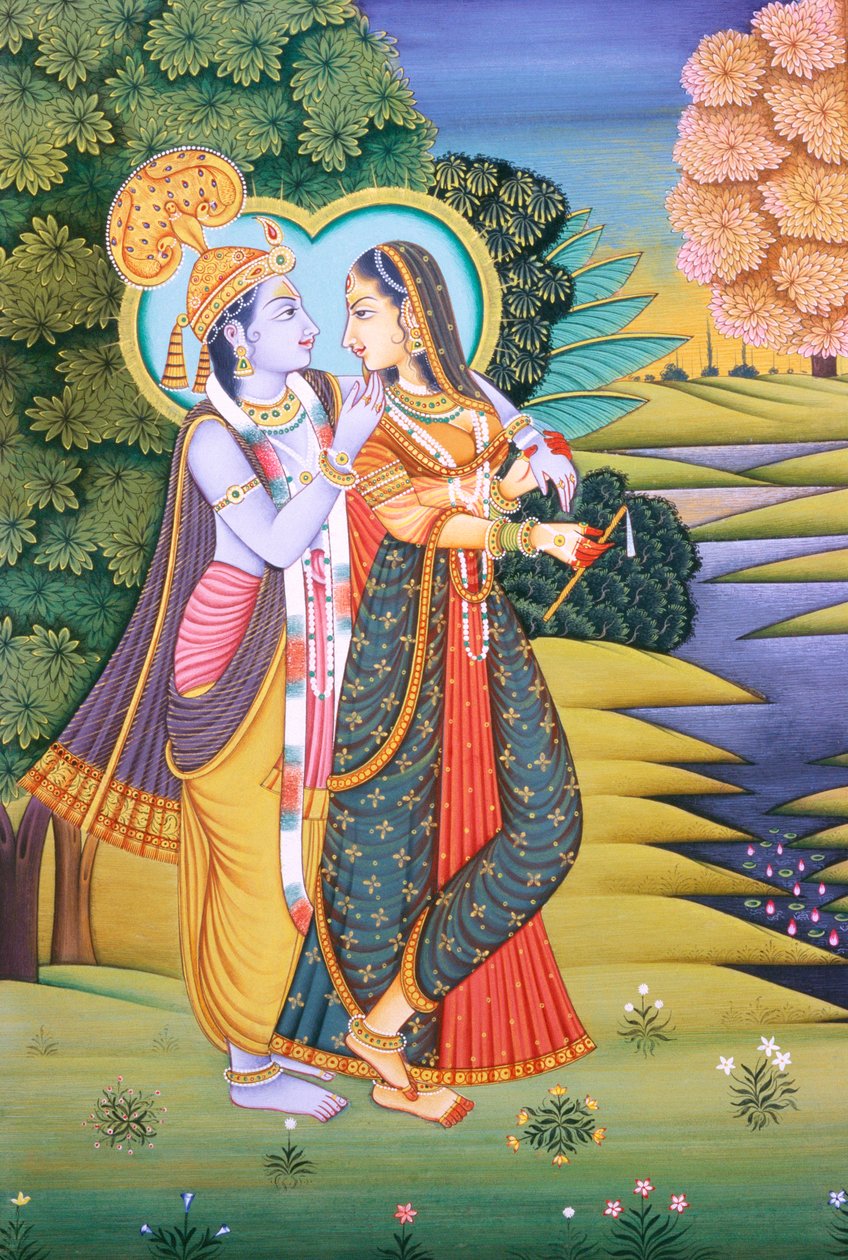 Radha Krishna miniatyrmålning av School Indian