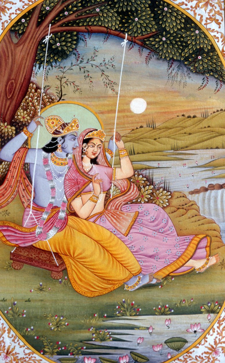 Radha Krishna miniatyrmålning, Indien av School Indian