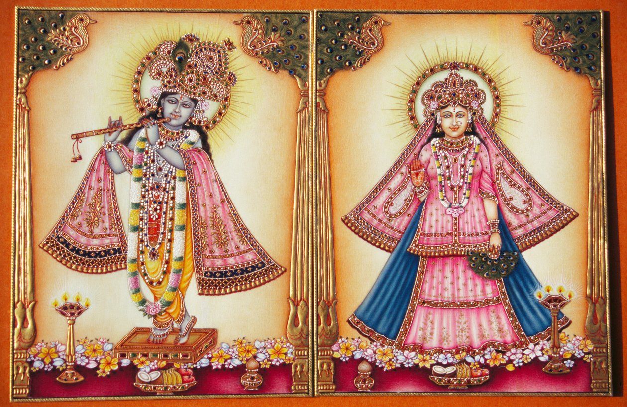 Radha Krishna miniatyrmålning på elfenben av School Indian