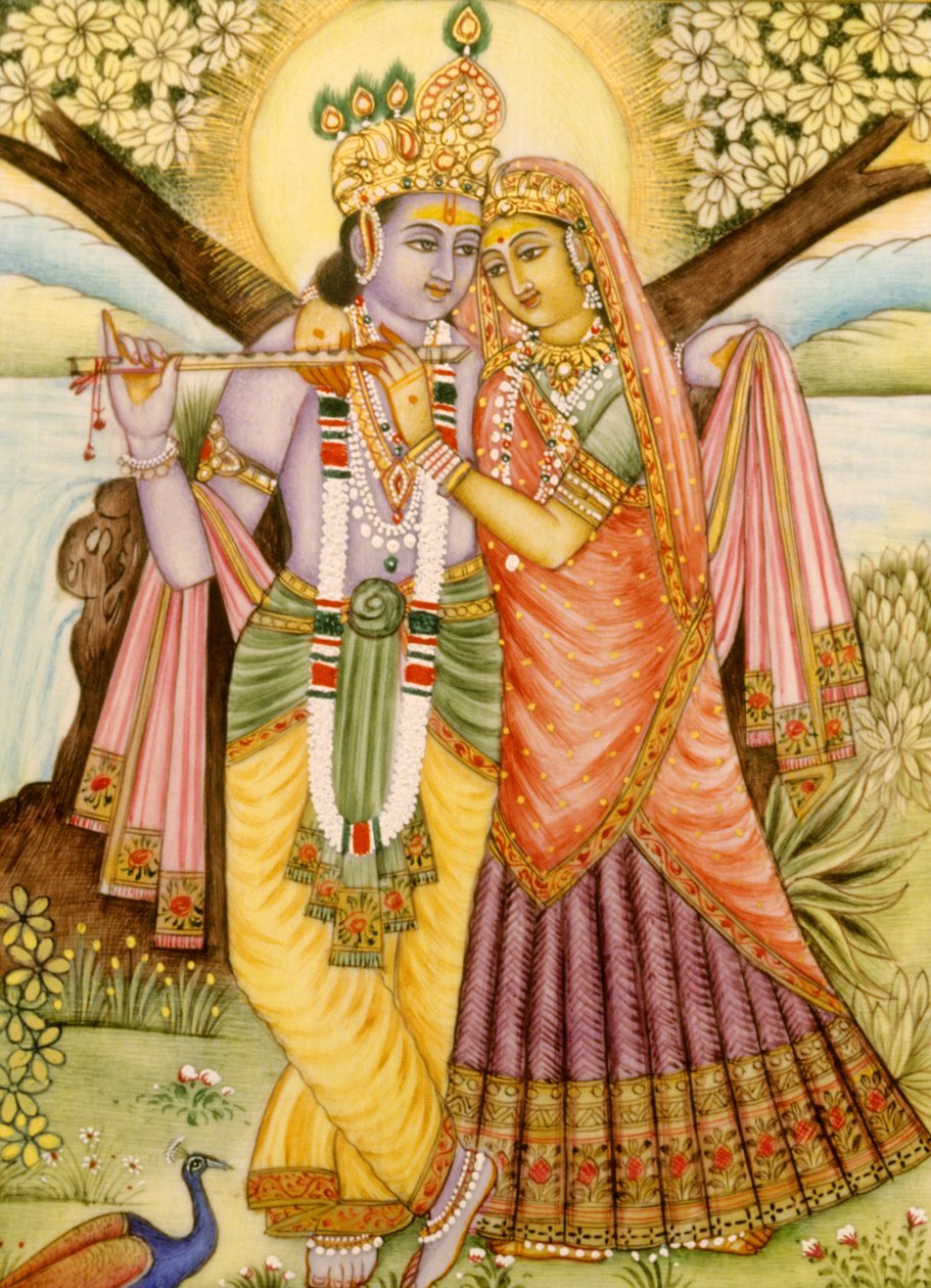 Radha Krishna miniatyrmålning på elfenben av School Indian