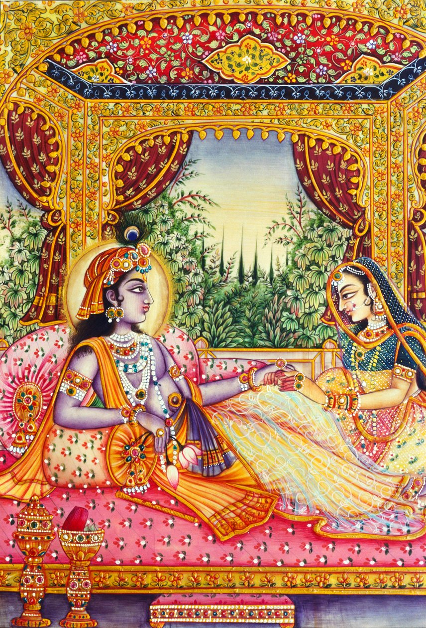 Radha Krishna miniatyrmålning på elfenben av School Indian