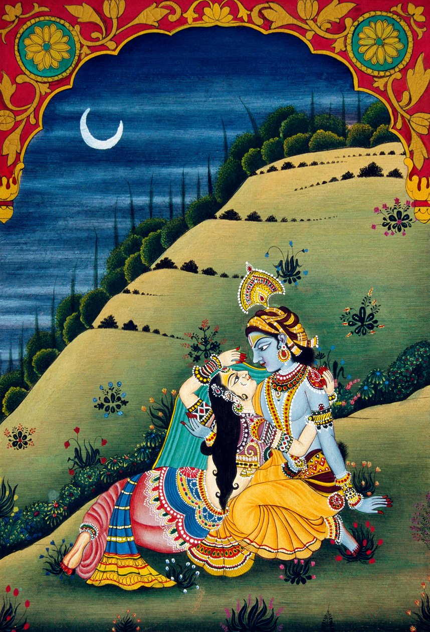 Radha Krishna Miniatyrmålning på papper av School Indian