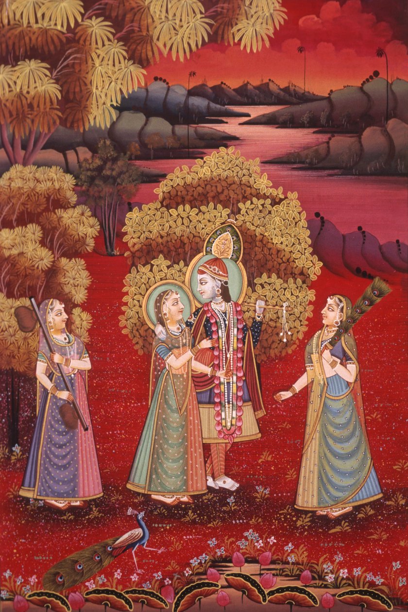 Radha Krishna Miniatyrmålning på siden av School Indian