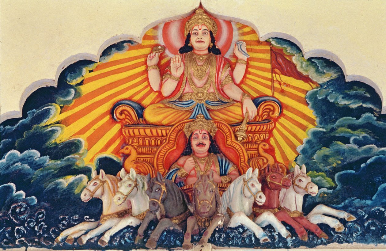 Surya Narayan, solguden (målad relief) av School Indian